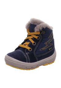 Navyblaues Wildlederstiefel mit grauem Futter, gelben Schnürsenkeln und Gummisohle. Verfügt über ein Zickzackmuster und ein wasserdichtes Gore-Tex-Siegel.
