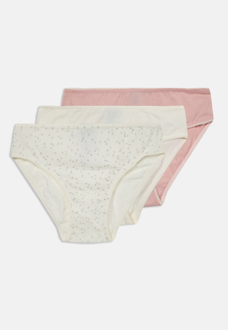 Three women’s cotton brief underwear in white with small silver dots, plain white, and solid pink, layered on a white background.