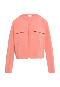Korallenrosa, langärmlige, kürzere Jacke mit Rundhalsausschnitt und zwei vorderen Klapptaschen, offenem Design.