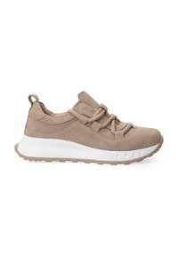Beżowe zamszowe sneakersy z okrągłym noskiem, kontrastującą białą podeszwą i teksturowanymi akcentami. Posiadają sznurówki w formie liny oraz uchwyt na pięcie.