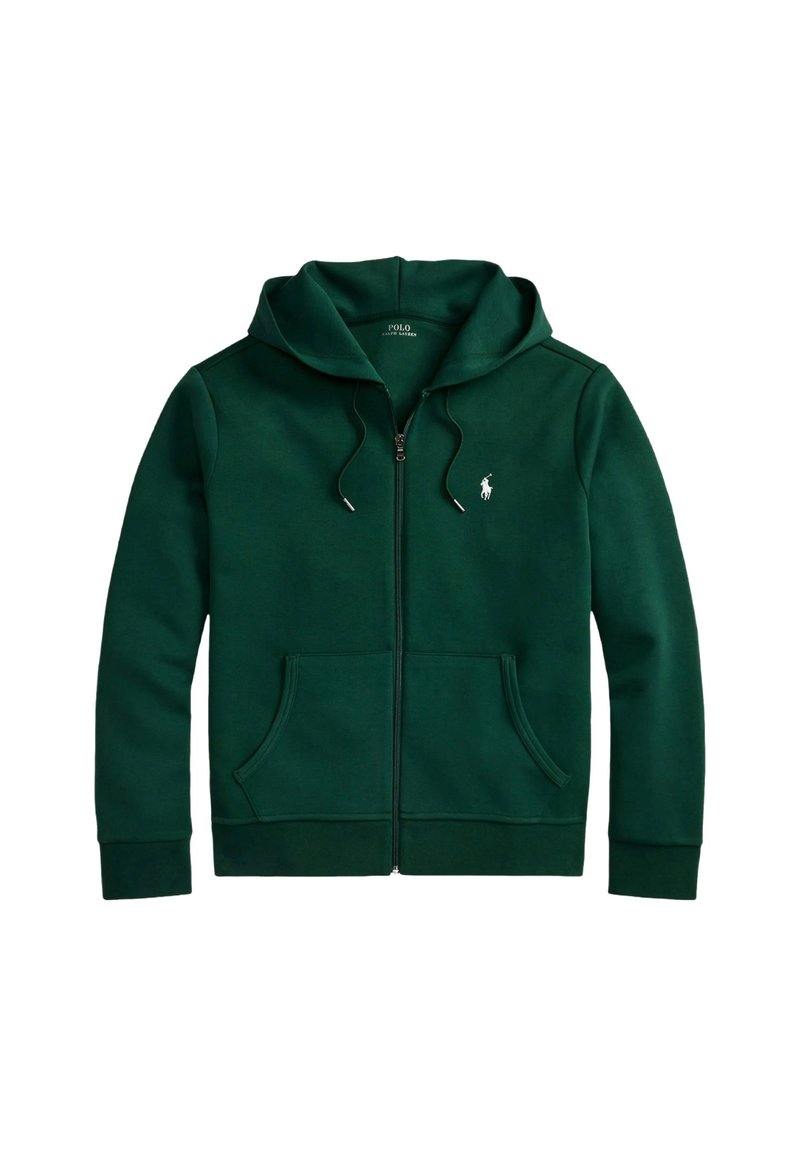 Sudadera con cremallera verde hecha de tela suave. Cuenta con una capucha con cordón, dos bolsillos frontales y un pequeño logotipo bordado en el pecho.