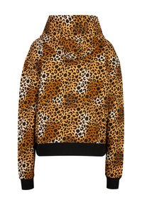 Hoodie mit Leopardenmuster, ausgestattet mit Kapuze, langen Ärmeln und schwarzen gerippten Bündchen und Saum. Hergestellt aus weichem Material mit deutlichem Farbkontrast.