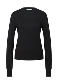 Maglione nero realizzato in morbido tessuto a maglia, con scollo rotondo, maniche lunghe e orlo aderente. Design minimalista senza motivi.