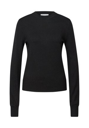 Černý svetr z měkké pletené látky, s kulatým výstřihem, dlouhými rukávy a přiléhavým lemem. Minimalistický design bez vzorů.