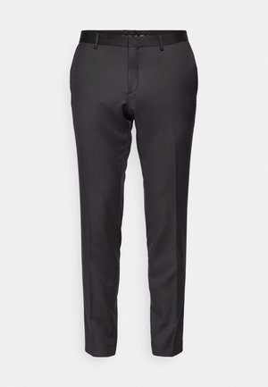 Pantaloni neri su misura realizzati in un tessuto lucido, con una vestibilità slim, gamba dritta e design frontale piatto con passanti per la cintura.