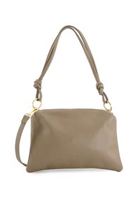 Grå læder clutch taske med en pebret struktur, som har et enkelt justerbart skulderrem og detaljer i guld.
