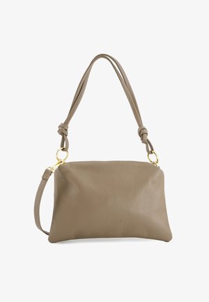 Gray leather clutch bag with a pebbled texture, featuring a single adjustable strap and gold hardware accents.