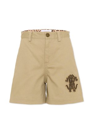 Beige shorts met hoge taille, riemlussen, gouden knoopsluiting, binnenvoering met luipaardprint en donker geborduurd embleem op het linkerbeen.