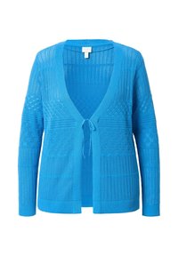Blauer gestrickter Cardigan mit tiefem V-Ausschnitt, offenem Vorderteil und Binder. Verfügt über strukturierte Muster und lange Ärmel.