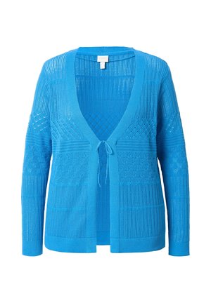 Blå strikket cardigan med dyb V-udskæring, åben front og båndlukning. Har teksturerede mønstre og lange ærmer.