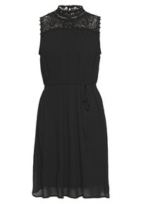 Black dress with a high lace neckline, sleeveless design, and a belted waist. Flowing fabric with a pleated skirt.
