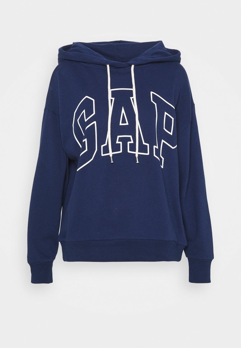 Navy blue hoodie made of cotton blend material, featuring a large white “GAP” logo, drawstring hood, and ribbed cuffs and hem.