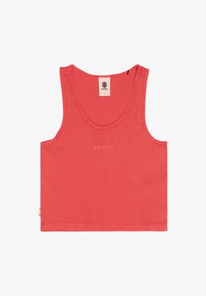 Korallenfarbenes ärmelloses Crop-Top mit rundem Ausschnitt, besticktem "element"-Schriftzug auf der Vorderseite und einem Element-Markenetikett im Krageninnenteil.