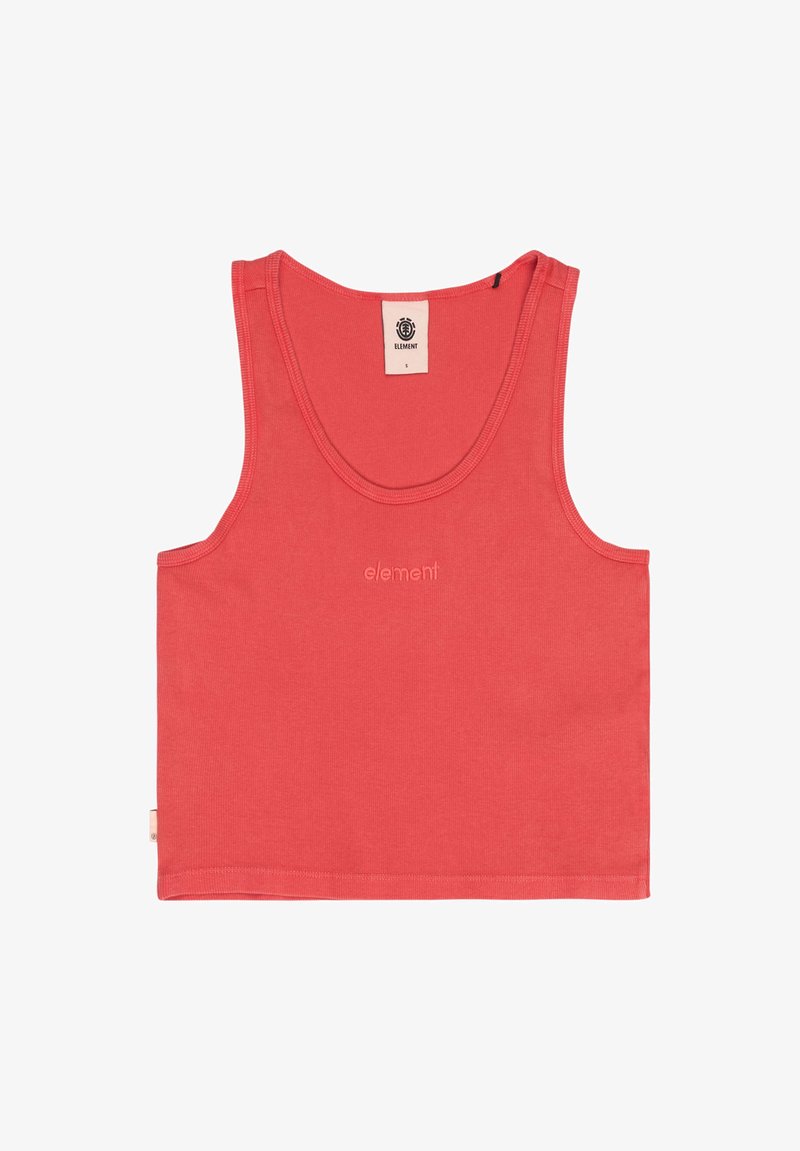 Korálovo sfarbený bezrukávový krátky top s okrúhlym výstrihom, vyšívaným nápisom "element" na prednej strane a štítkom značky Element vo vnútri goliera.