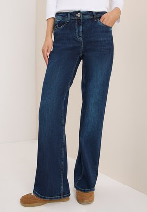 Wide-leg denim jeans in dark blue with a smooth texture, featuring front pockets, a button closure, and contrasting stitching along seams.