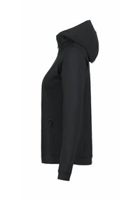 Sort hættetrøje med glat tekstur, lynlåslomme i siden, tætsiddende design og lange ærmer med manchetter.