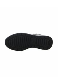Black rubber outsole with distinct tread pattern. Slightly curved shape at the toe. Smooth texture with no visible branding or accents.
