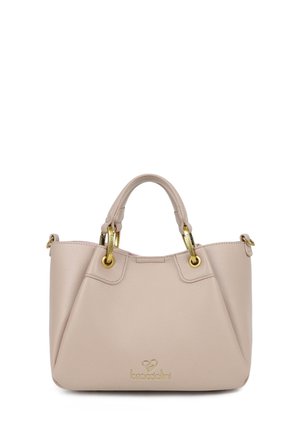 Borsa a tracolla in pelle rosa chiaro con hardware dorato, manici corti e un accento del logo sulla parte anteriore. Presenta una forma trapezoidale strutturata.