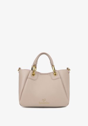Borsa a tracolla in pelle rosa chiaro con hardware dorato, manici corti e un accento del logo sulla parte anteriore. Presenta una forma trapezoidale strutturata.