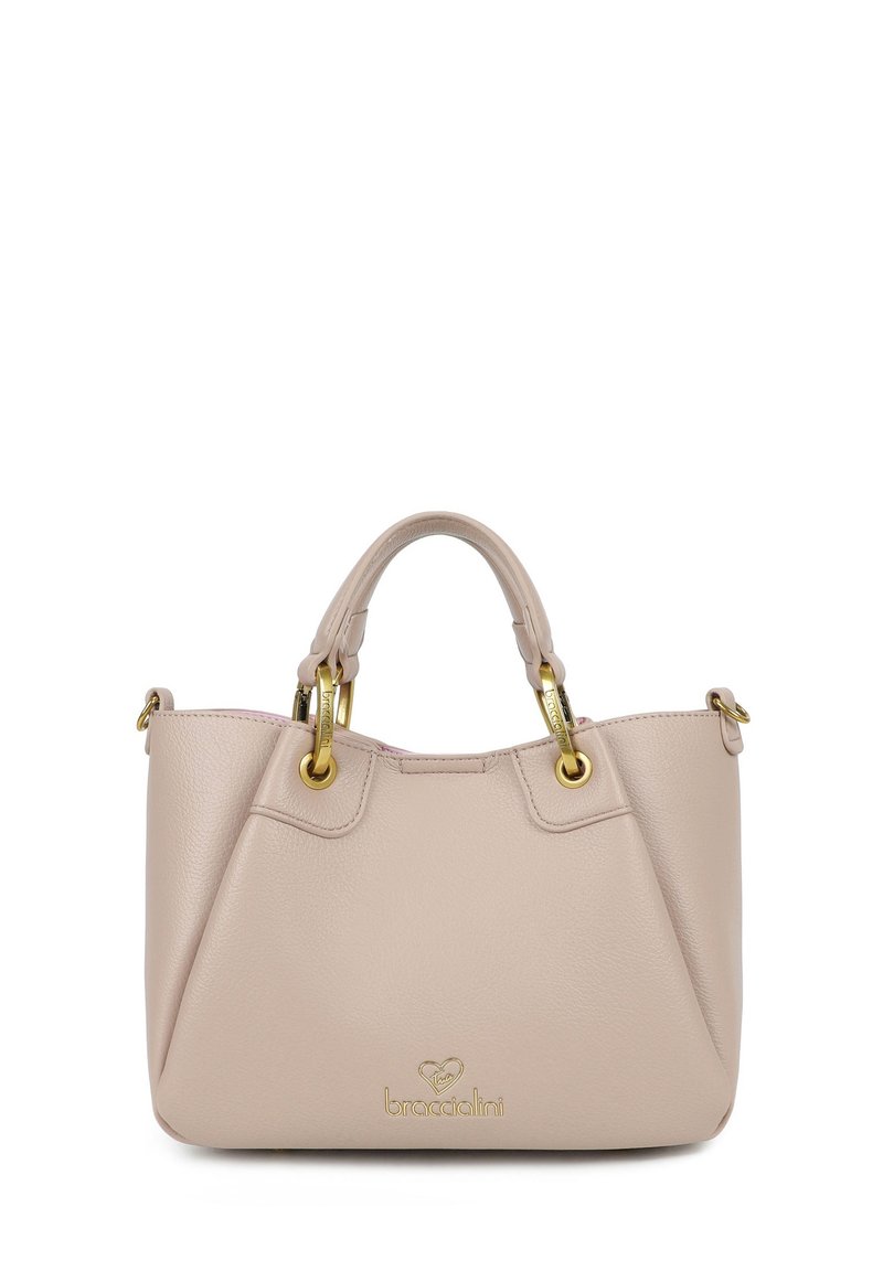 Borsa a tracolla in pelle rosa chiaro con hardware dorato, manici corti e un accento del logo sulla parte anteriore. Presenta una forma trapezoidale strutturata.