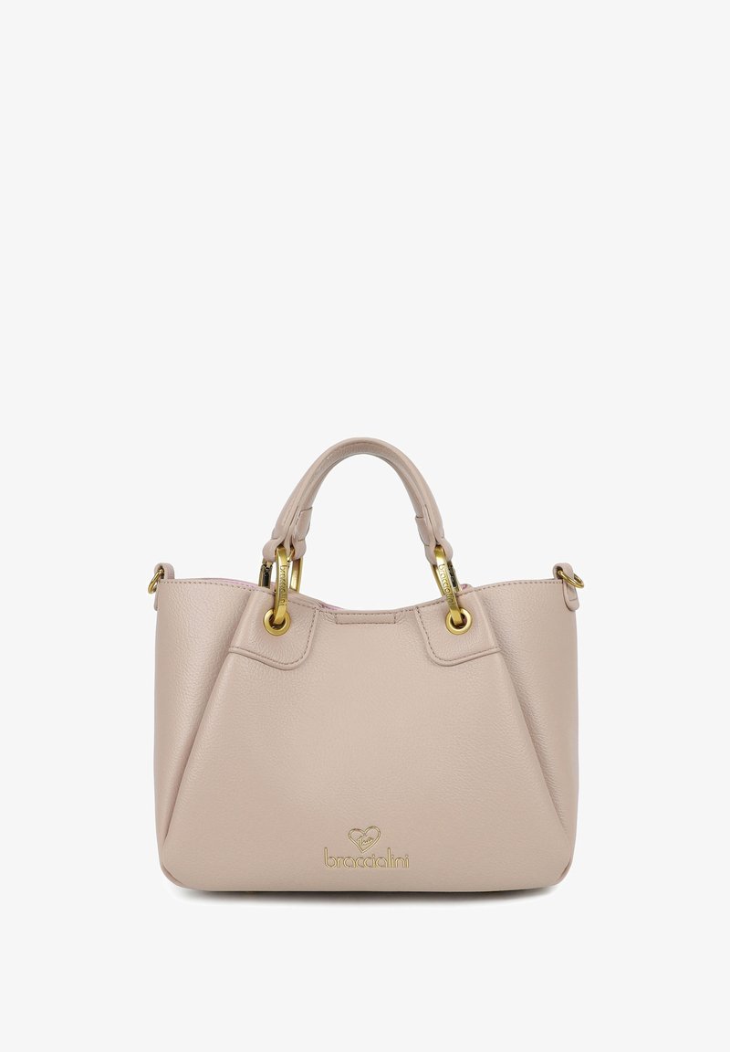 Borsa a tracolla in pelle rosa chiaro con hardware dorato, manici corti e un accento del logo sulla parte anteriore. Presenta una forma trapezoidale strutturata.