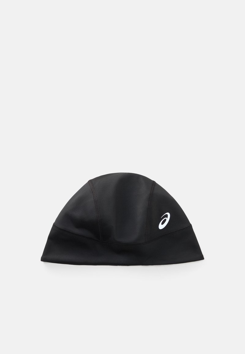 Black swim cap made of smooth, stretchy material with a fitted design. Features an Asics logo in white on one side.
