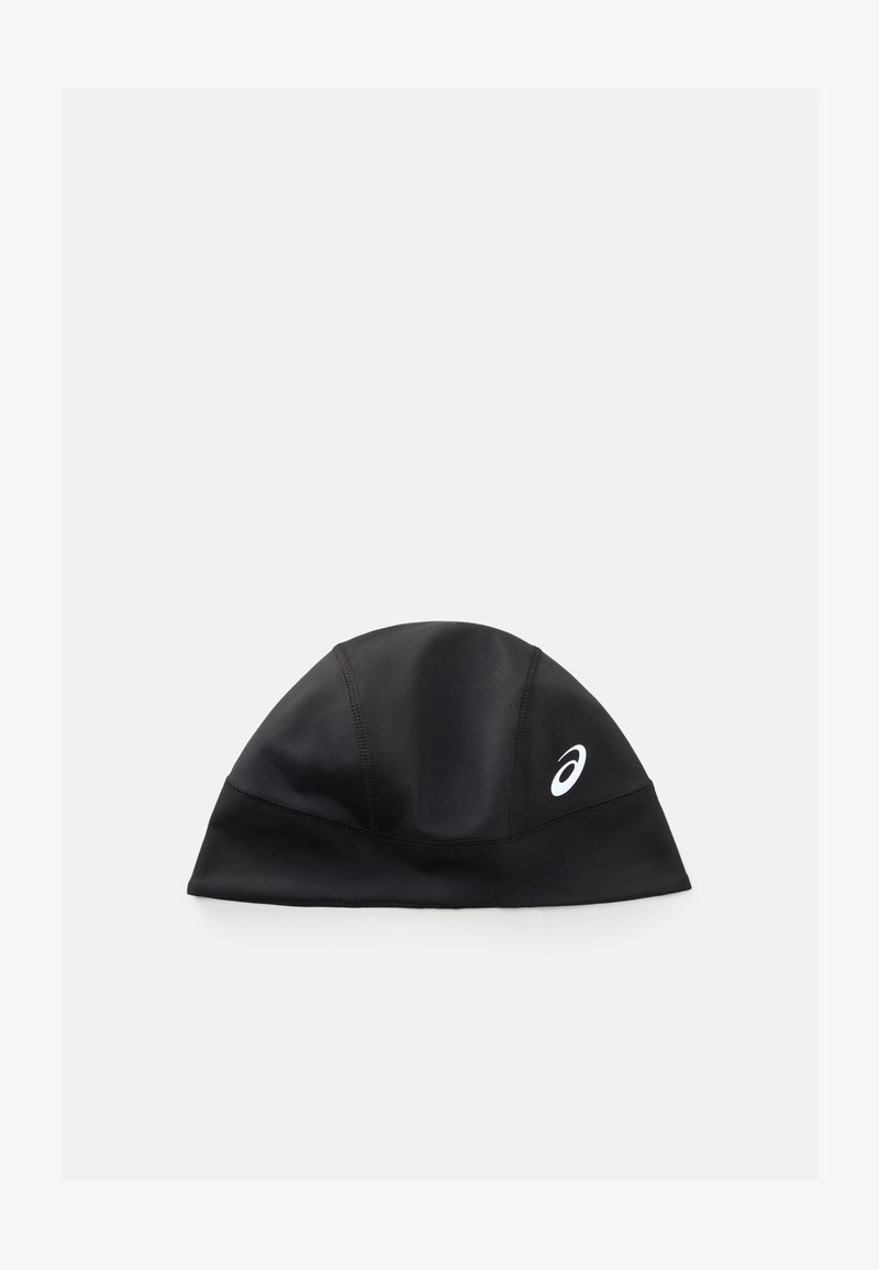Svart svømmekapsel laget av glatt, elastisk materiale med en tettsittende design. Har en Asics-logo i hvitt på den ene siden.