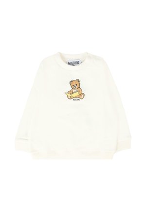 Felpa bianca con polsini e scollatura a costine. Presenta un design stampato di un orso che legge un libro, etichettato "Moschino." Texture del tessuto morbida.