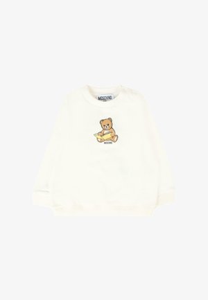 Witte sweatshirt met geribde manchetten en halslijn. Bevat een bedrukt ontwerp van een beer die een boek leest, gelabeld "Moschino." Zachte stoftextuur.