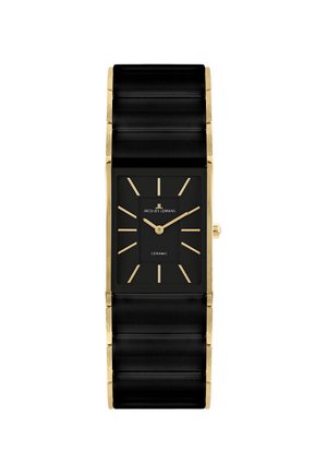 Čierne obdĺžnikové keramické náramkové hodinky so zlatými indexmi, ručičkami a okrajmi, zobrazujúce čas 1:10, značka Jacques Lemans.