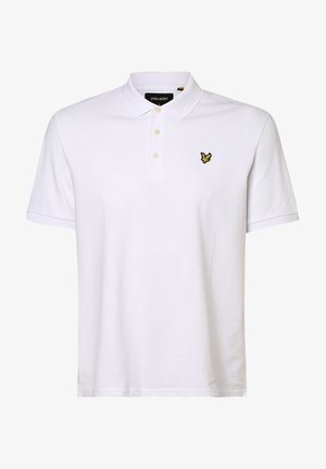 Camisa polo branca feita de algodão, com colarinho clássico, paletó de três botões e um pequeno logo de borboleta bordado em preto e amarelo.