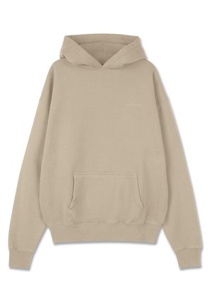 Beige kapucnis póló, pamut keverékből készült, kenguruzsebbel, húzózsinórral ellátott kapucnival és bordás mandzsettákkal és aljjal. Minimalista márkázás a mellkason.