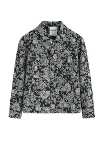 Veste à motifs floraux noirs avec un col, des manches longues et deux poches avant. Réalisée en tissu léger et lisse.