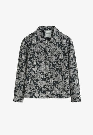 Veste à motifs floraux noirs avec un col, des manches longues et deux poches avant. Réalisée en tissu léger et lisse.