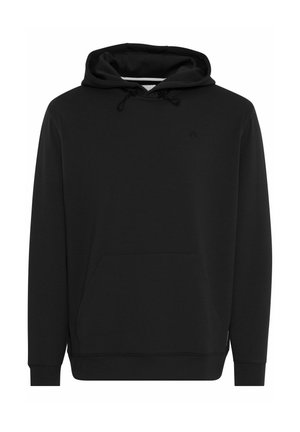 Sudadera negra con capucha, hecha de un tejido suave, que cuenta con un bolsillo tipo canguro, cordones y puños de canalé. Diseño sencillo sin patrones.