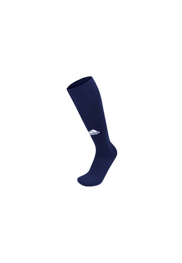 Calcetín deportivo de color azul marino hasta la rodilla con el logo blanco de Adidas en la espinilla, parte superior acanalada y plantilla acolchada.