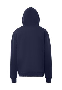 Sudadera azul marino hecha de una tela suave, con un bolsillo tipo canguro en la parte frontal y puños y dobladillo acanalados. La vista trasera muestra la capucha y los hombros redondeados.