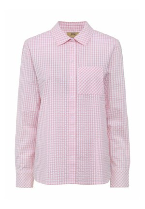 Różowa i biała koszula w kratkę w długim rękawie z kołnierzykiem i kieszonką na przodzie, z zapięciem na guziki. Wykonana z lekkiego materiału.