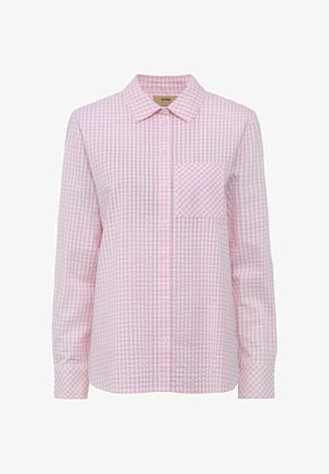 Różowa i biała koszula w kratkę w długim rękawie z kołnierzykiem i kieszonką na przodzie, z zapięciem na guziki. Wykonana z lekkiego materiału.