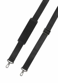 Regulowany czarny pasek materiałowy z metalowymi obrotowymi hakami na obu końcach oraz wyściełaną częścią dla komfortu na ramieniu.