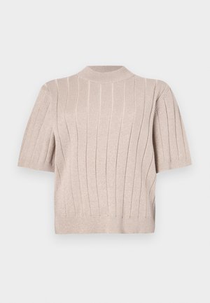 Pull à manches courtes, beige, en tricot texturé. Présente des côtes verticales et un col montant. Tissu doux avec un léger éclat.