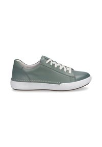 Sneaker verde in pelle con lacci bianchi, punta rotonda, suola in gomma testurizzata e dettagli cuciti lungo i lati. Design leggero.