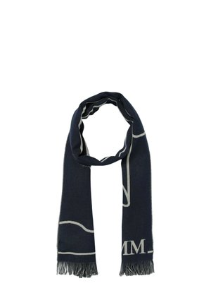 Écharpe en tricot bleu marine, ornée d'un motif abstrait gris clair. Fini avec des bords à franges pour plus de texture et de détail.