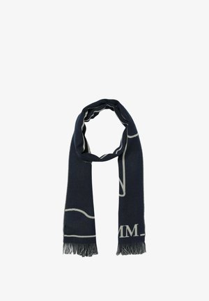 Sciarpa lavorata a maglia di colore blu navy, caratterizzata da un motivo astratto grigio chiaro. Rifinita con bordi frangiati per aggiungere texture e dettaglio.