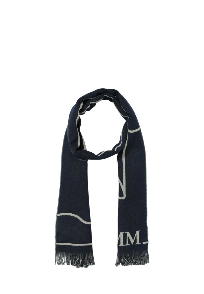 Gebreide sjaal in marineblauw, met een lichtgrijs abstract patroon. Afgewerkt met franjes voor extra textuur en detail.