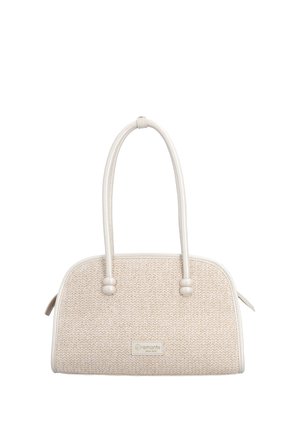 Sac à main beige en tissage avec une forme arrondie, deux longues poignées blanches et une petite étiquette « remonte » au centre avant.