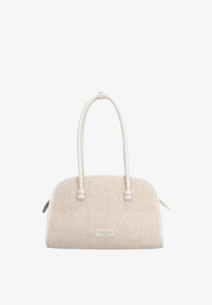 Sac à main beige en tissage avec une forme arrondie, deux longues poignées blanches et une petite étiquette « remonte » au centre avant.
