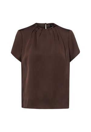 Bruine blouse met korte mouwen, geplooide halslijn en een sluiting met sleutelgatknop aan de achterkant.