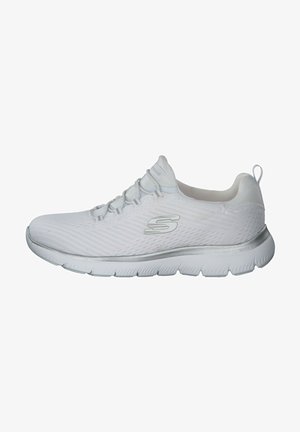 White athletic shoe with mesh upper, elastic laces, and textured sole. Features a silver accent along the midsole and a logo on the side.