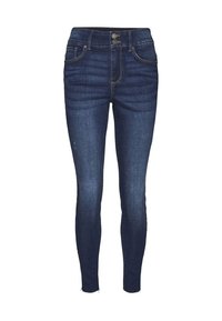 Skinny jeans in dark blue denim, featuring a high waist, two front pockets, two back pockets, and a button closure. Smooth texture with slight fading.